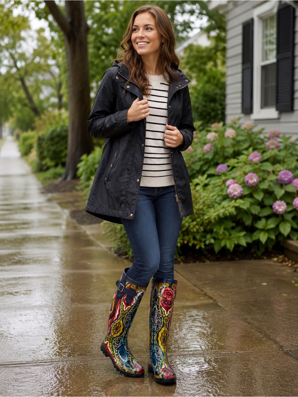Women's Floral Pattern Tall Rain Boots - Multicolor